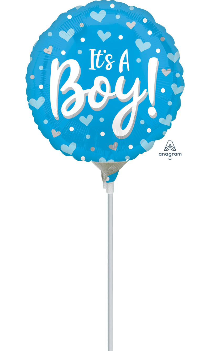 Mini Air-Filled It's A Boy Hearts & Dots 23cm Foil Balloon + Stick